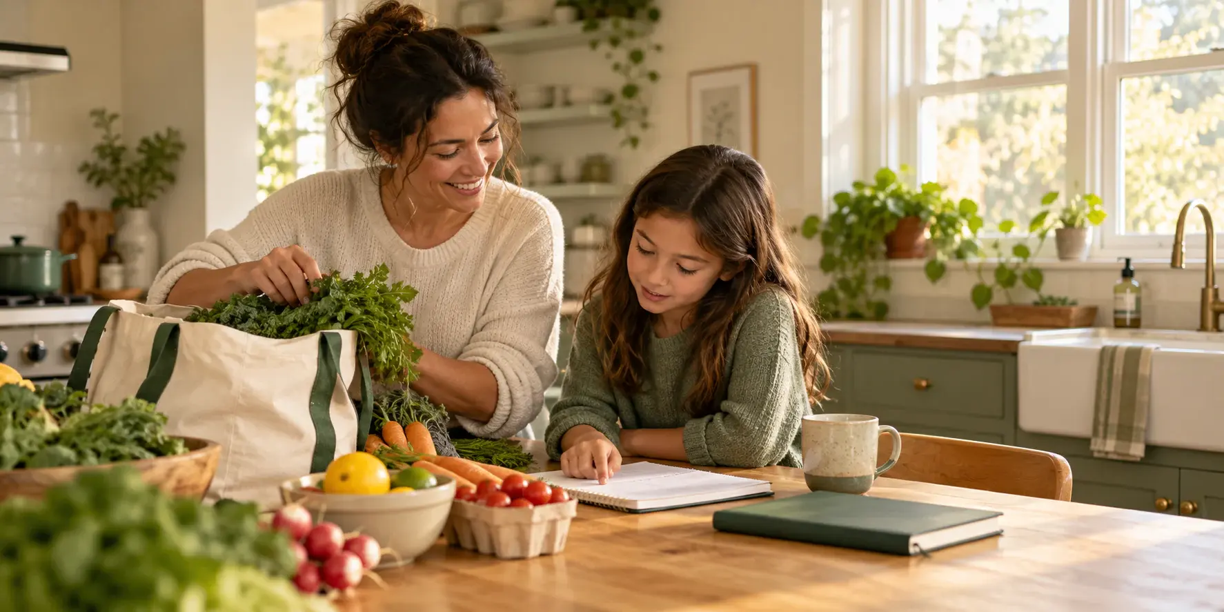 Madre e hija organizan juntas las tareas de la semana en la cocina